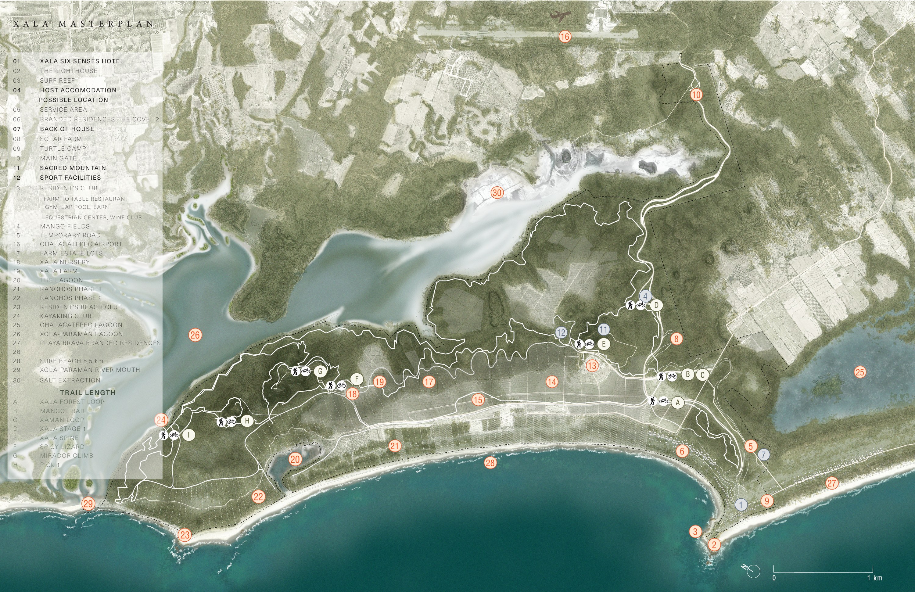 Xala masterplan showing the hotel, branded residences, Ranchos, farm, lagoons, trails and airport along five miles of Pacific coastline