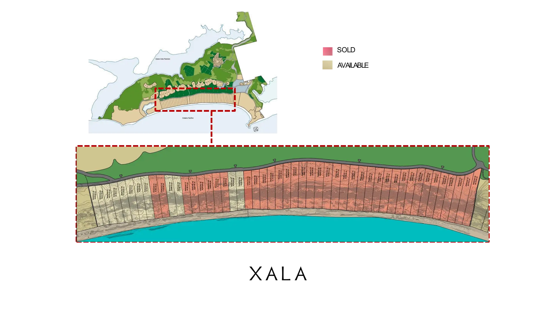 Xala Ranchos availability map showing sold and available Ranchos along the beach
