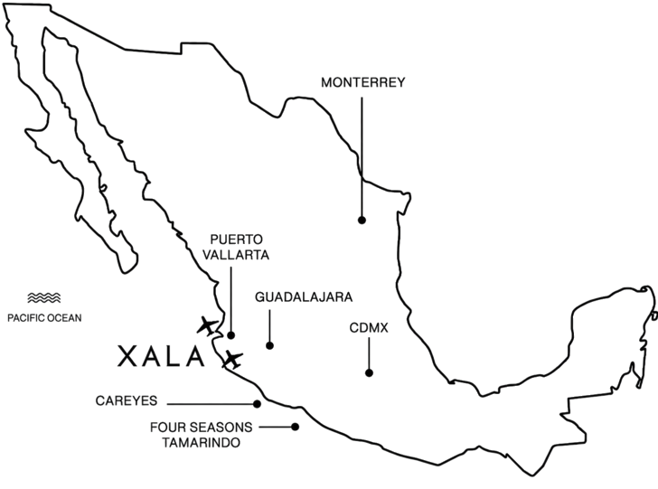 Map showing Xala’s location on Mexico’s Pacific coast, with nearby cities including Puerto Vallarta, Guadalajara and CDMX